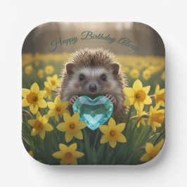 Cute March Hedgehog with Aquamarine Heart Pappteller