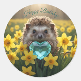 Cute March Hedgehog with Aquamarine Heart Runder Aufkleber