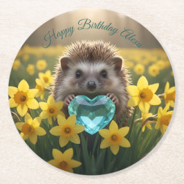 Cute March Hedgehog with Aquamarine Heart Runder Pappuntersetzer