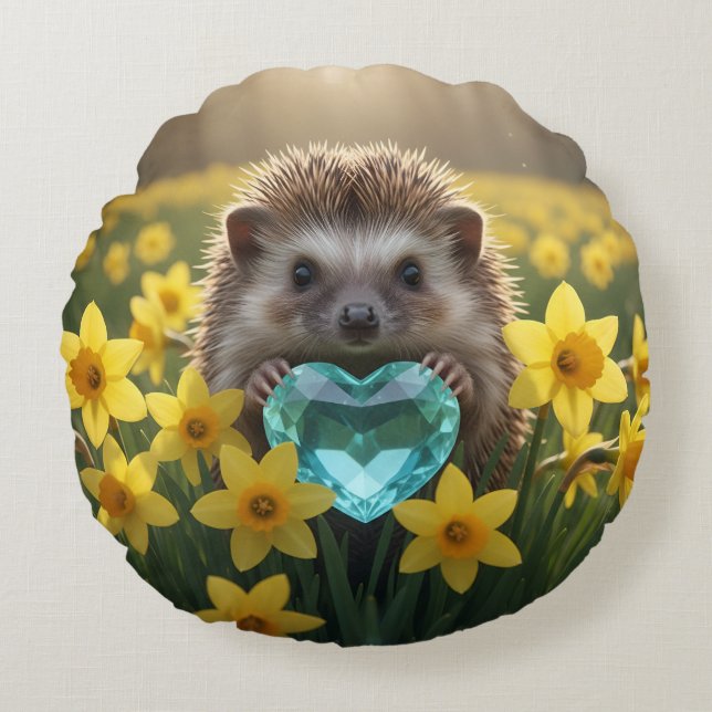 Cute March Hedgehog with Aquamarine Heart Rundes Kissen (Vorderseite)