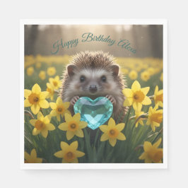 Cute March Hedgehog with Aquamarine Heart Serviette