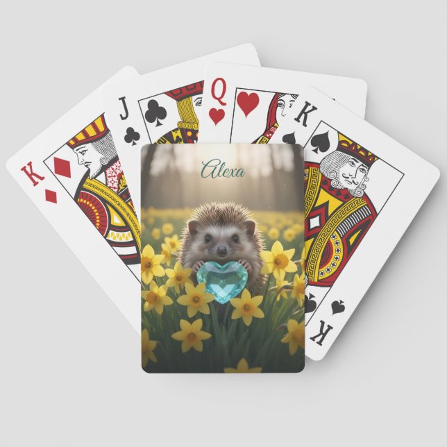 Cute March Hedgehog with Aquamarine Heart Spielkarten (Rückseite)