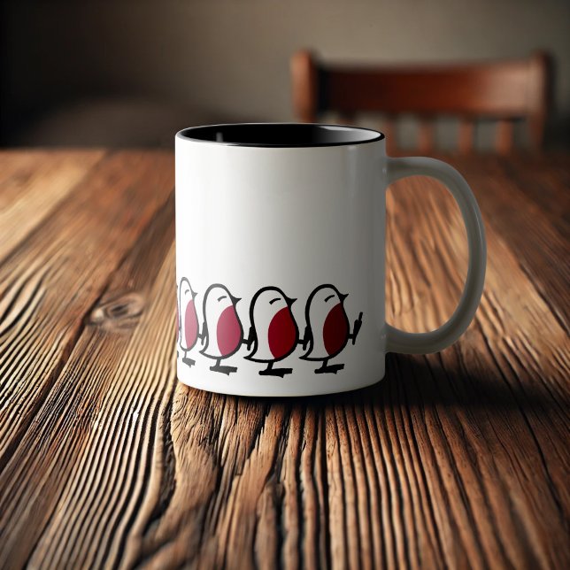 Cute Marching Robins Simple Bird Line Drawing Zweifarbige Tasse (Von Creator hochgeladen)
