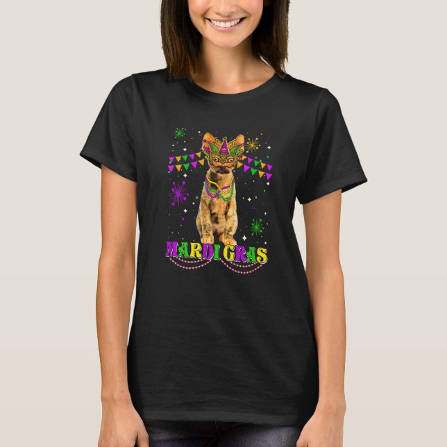 Cute Mardi Gras Cat Devon Rex Mask Beads Festival T-Shirt (Vorderseite)