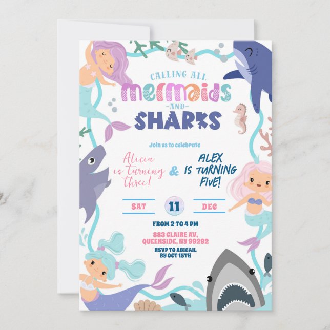 Cute Memaid and Sharks Joint Birthday invitation Einladung (Vorderseite)