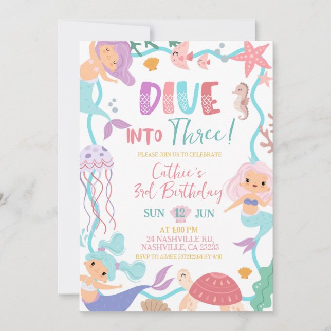 Cute Memaid Dive Into Birthday invitation Einladung (Vorderseite)