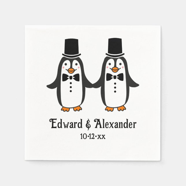 Cute Men Penguins Wedding Couple Names Date #3SmP  Serviette (Vorderseite)