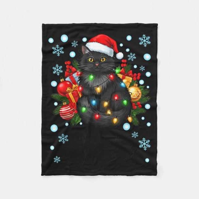 Cute Meowy Christmas Black Cat Santa Hat Xmas Wome Fleecedecke (Vorderseite)