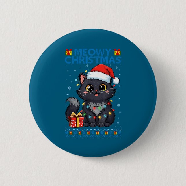 Cute Meowy Christmas Cat – Kawaii Holiday Kitty Te Button (Vorderseite)