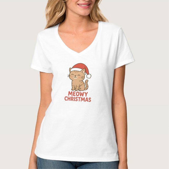 Cute Meowy Christmas Cat Santa Hat T-Shirt (Vorderseite)