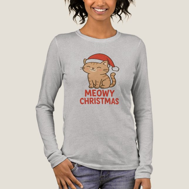 Cute Meowy Christmas Cat Santa Hat Tri-Blend Shirt (Vorderseite)