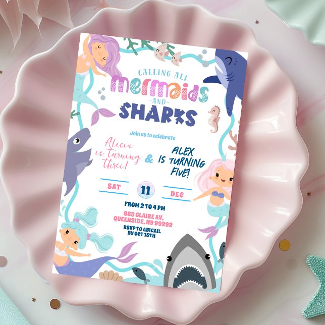 Cute Mermaid and Sharks Joint Birthday invitation Einladung (Von Creator hochgeladen)