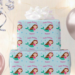 Cute Mermaid Blue Personalized Birthday Geschenkpapier