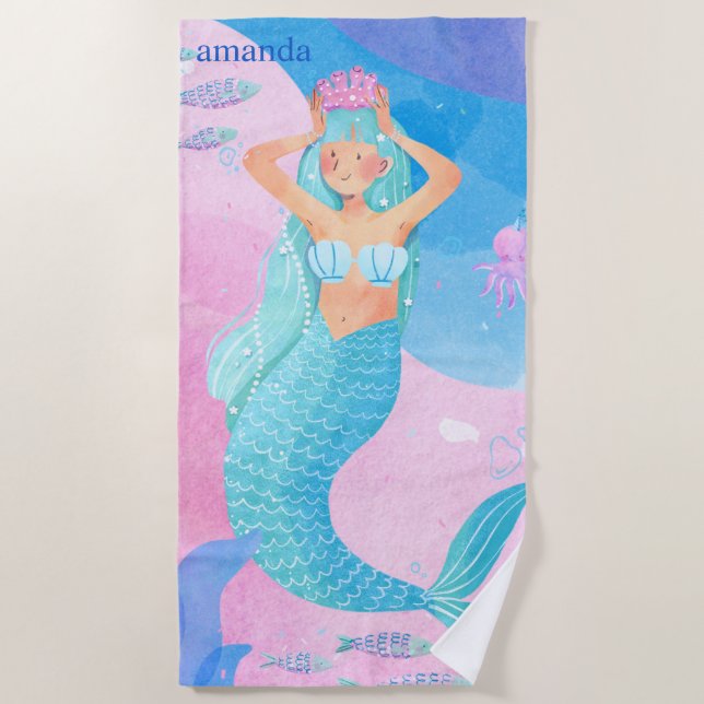 Cute mermaid colorful watercolors illustration strandtuch