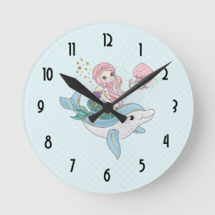 Cute Mermaid Riding a Dolphin Under the Sea Runde Wanduhr
