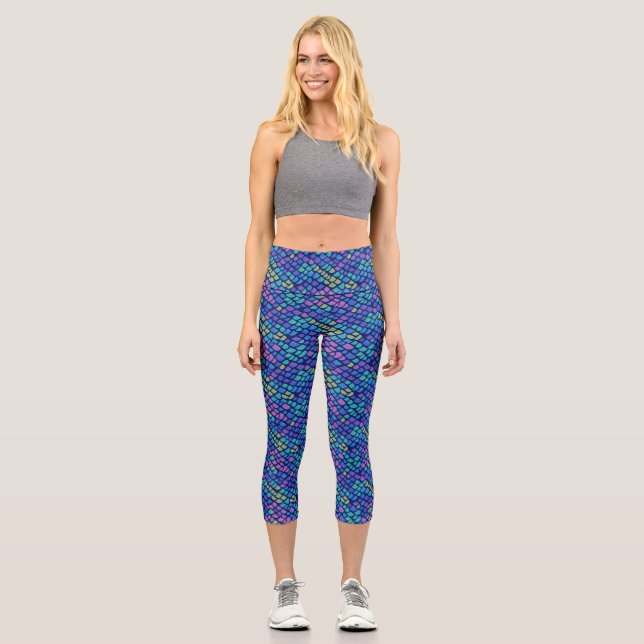 Cute Mermaid Scales Blue Glittery Pattern Capri Leggings (Vorderseite)