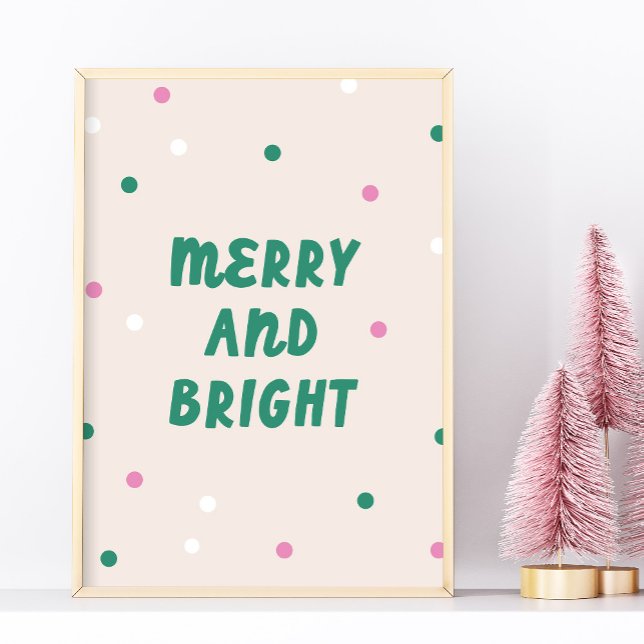 Cute Merry & Bright Pink Confetti Holiday Print Poster (cute Merry & Bright Christmas wall art in green and pink)