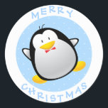 Cute Merry Christmas Cartoon Penguin Runder Aufkleber<br><div class="desc">Individuell gestaltbare,  hübsch blau und weiß Frohe Weihnachtsaufkleber mit einem süßen,  lustigen Cartoon Pinguin Springen und Wellen - Web Design Hot. Spaß Aufkleber für Kinder jeden Alters.</div>