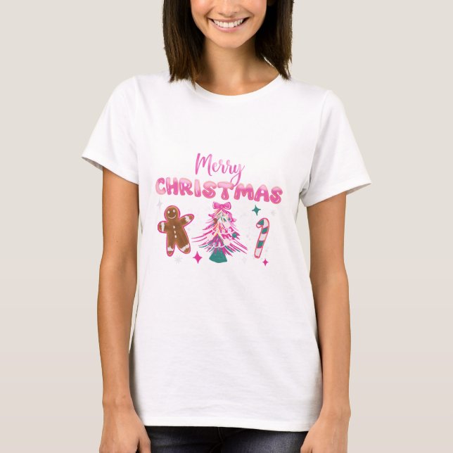 Cute Merry Christmas Gingerbread and Candy Design T-Shirt (Vorderseite)