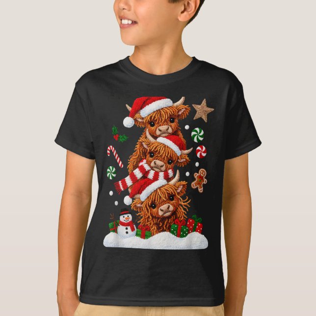 Cute Merry Christmas Highland Cow Christmas Santa  T-Shirt (Vorderseite)