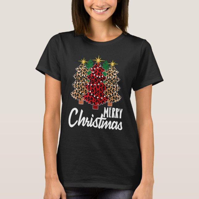 Cute Merry Christmas Leopard Print Tree Christmas  T-Shirt (Vorderseite)