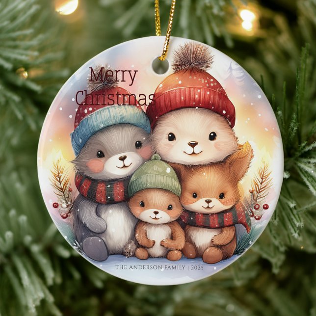 Cute Merry Christmas Woodland Animal Family Keramik Ornament (Von Creator hochgeladen)