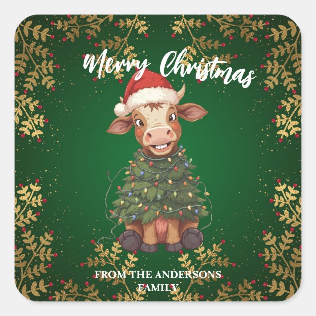Cute merry Cow Christmas tree calf ox Xmas pattern Quadratischer Aufkleber (Vorderseite)