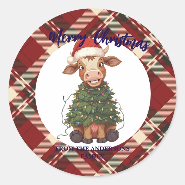 Cute merry Cow Christmas tree calf ox Xmas plaid Runder Aufkleber (Vorderseite)