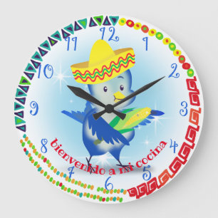 Cute Mexican sombrero bird personalized kitchen Große Wanduhr