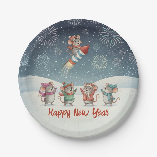 Cute Mice Happy New Year Fireworks Pappteller (Vorderseite)