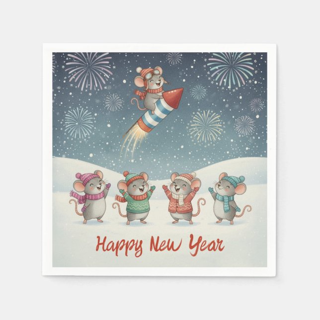 Cute Mice Happy New Year Fireworks Serviette (Vorderseite)