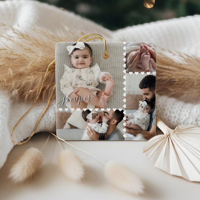 Cute Minimal Heart Baby Photo Collage Script Name Keramikornament (Cute Minimal Heart Baby Photo Collage Script Name Ceramic Ornament)