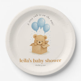 Cute Minimalis Blue Balloon Bear Baby Shower Pappteller