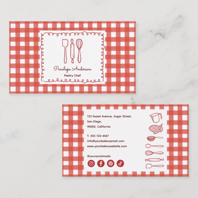 Cute Modern Farmhouse Gingham Social Icons Visitenkarte (Vorne/Hinten)