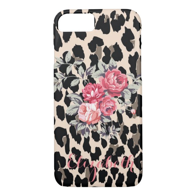 Cute Modern Flowers on Leopard Print-Personalized Case-Mate iPhone Hülle (Rückseite)