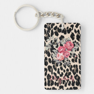 Cute Modern Flowers on Leopard Print-Personalized Schlüsselanhänger