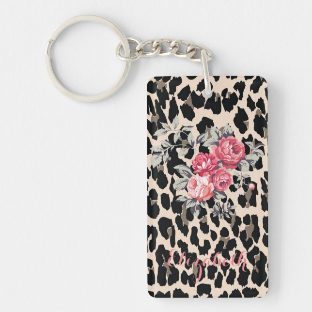 Cute Modern Flowers on Leopard Print-Personalized Schlüsselanhänger (Vorderseite)