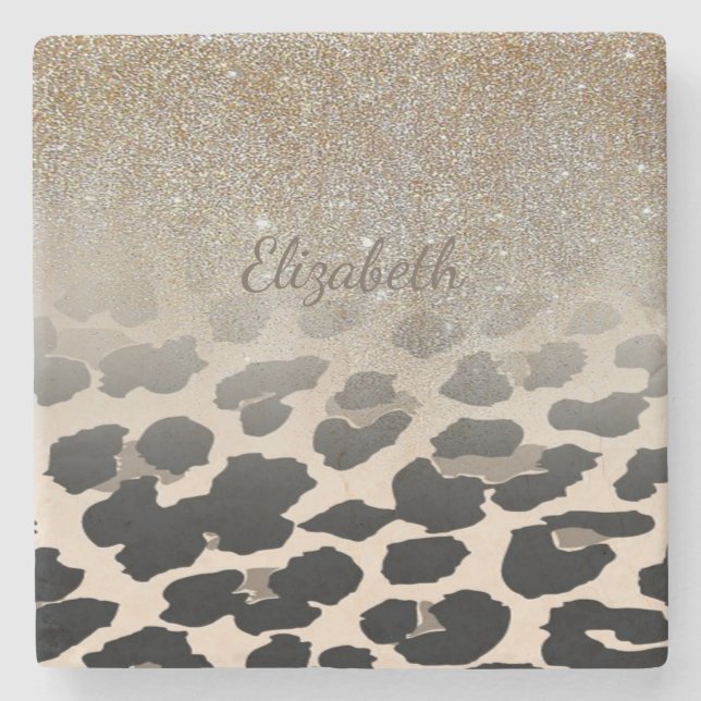 Cute Modern Flowers on Leopard Print-Personalized Steinuntersetzer (Vorderseite)