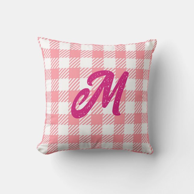 Cute Modern Girly Gingham Plaid Hot Pink Monogram Kissen (Vorderseite)