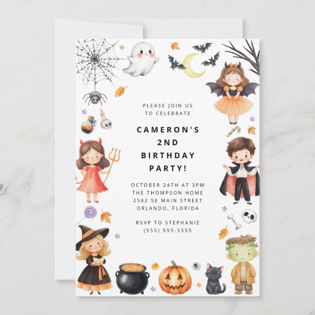 Cute Modern Halloween Birthday Costume Party Einladung (Vorderseite)
