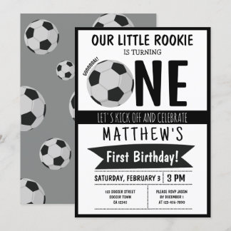 Cute Modern Soccer Ball Ribbon Kinder 1 Geburtstag Einladung