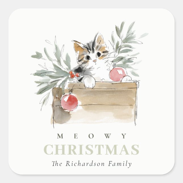 Cute Modern Watercolor Meowy Christmas Box Cat Quadratischer Aufkleber (Vorderseite)