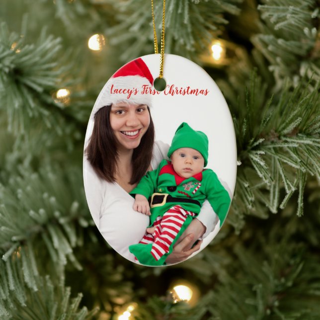 Cute Mom Baby In Elf Kostüm Foto First Christmas Keramik Ornament (Baum)