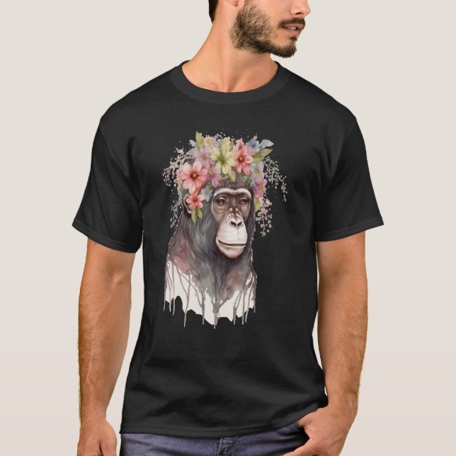 Cute Monkey Flower Crown Floral Watercolor T-Shirt (Vorderseite)