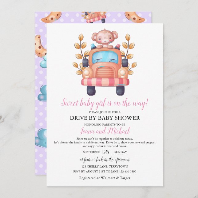 Cute Monkey Girl Baby Shower Drive Through    Einladung (Vorne/Hinten)