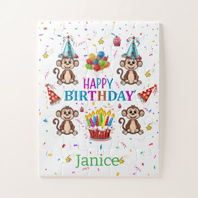 Cute Monkey Happy Birthday Cupcake Puzzles  (Vertikal)