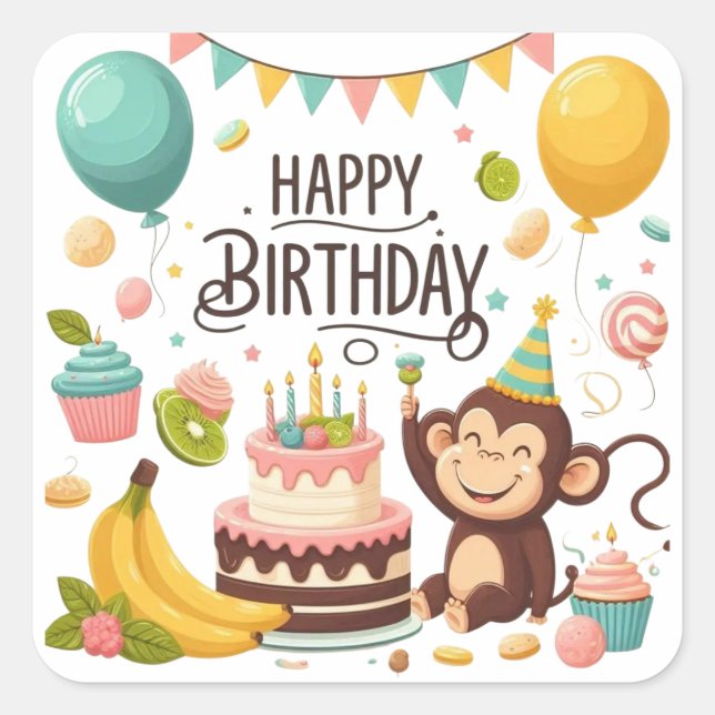 Cute Monkey Happy Birthday Party Quadratischer Aufkleber (Vorderseite)
