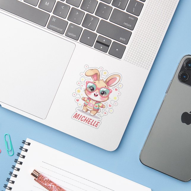 Cute monogram girly bunny wearing glasses aufkleber (Laptop mit iPhone)
