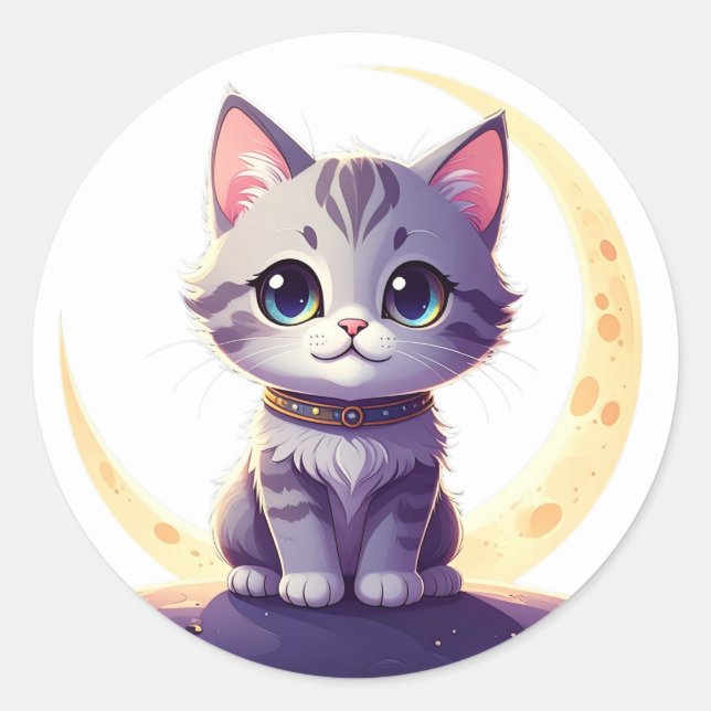 Cute Moon Cat Sticker – Magical Kitten on Crescent (Vorderseite)