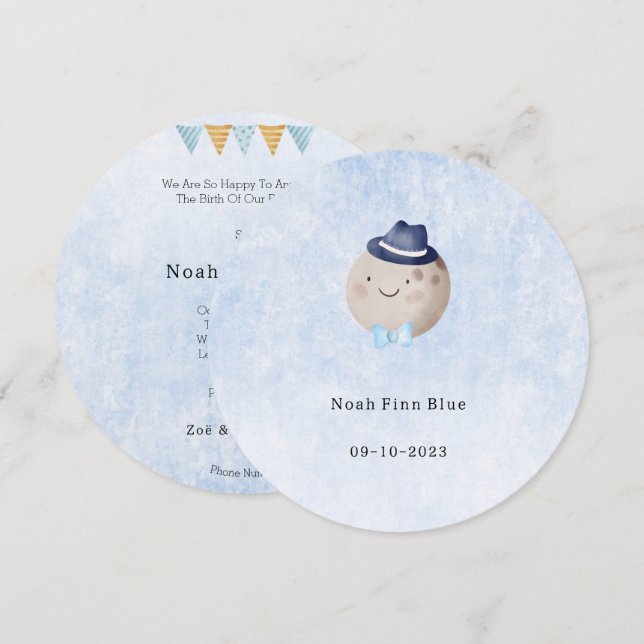 Cute Moon With Hat And Bow Baby Boy Card Einladung (Vorne/Hinten)